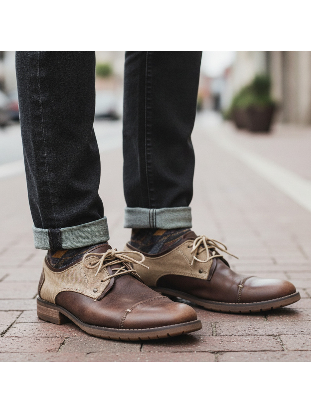 Bed Stu Mens Two Tone Cap Toe Canvas Leather Oxford Derby Shoes Brown Tan Sz 10